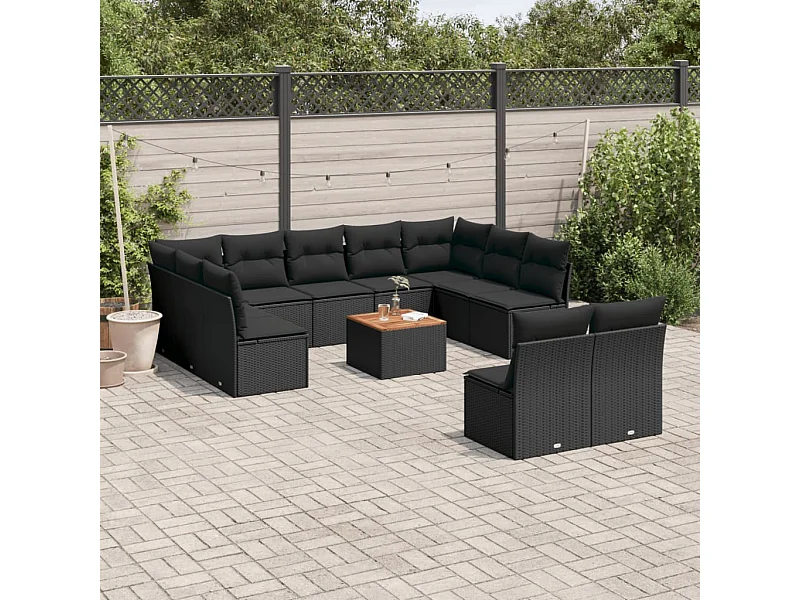12-tlg. Garten-Sofagarnitur mit Kissen Schwarz Poly Rattan