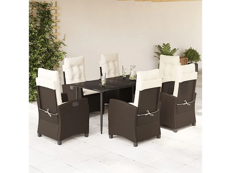 Set da Pranzo da Giardino 7pz con Cuscini in Polyrattan Marrone