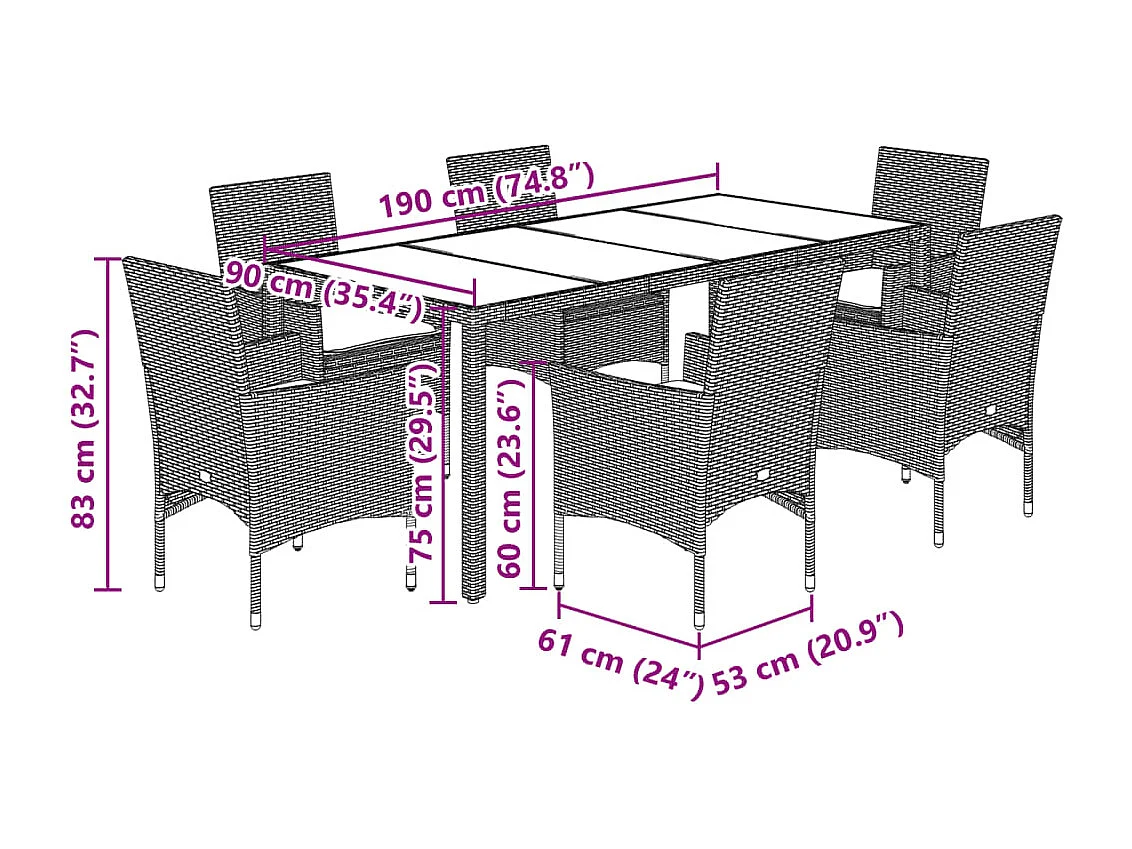 Set Pranzo da Giardino 7 pz Nero con Cuscini Polyrattan Acacia