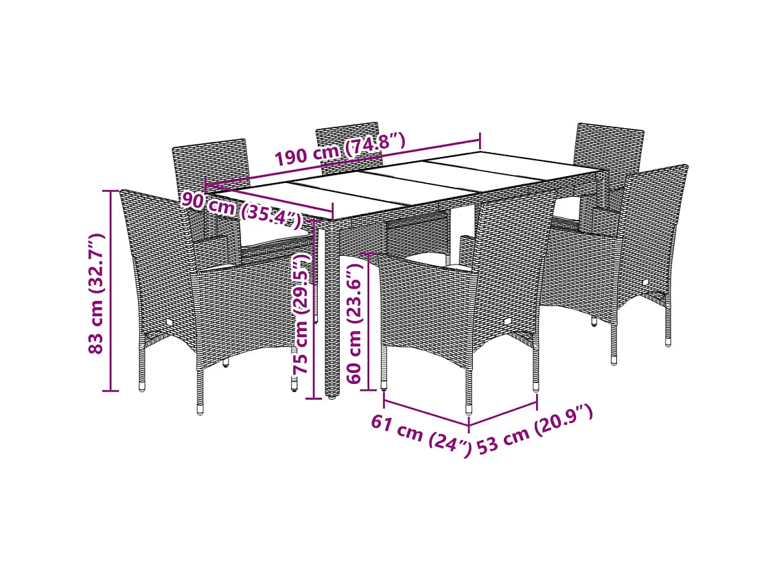 Ensemble à manger de jardin et coussins 7 pcs noir rotin acacia