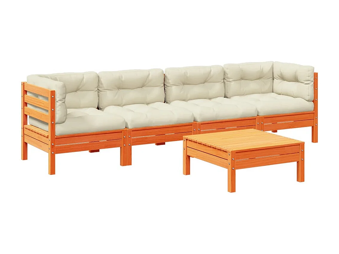 Set Divani Giardino 5pz con Cuscini Marrone Cera Massello Pino