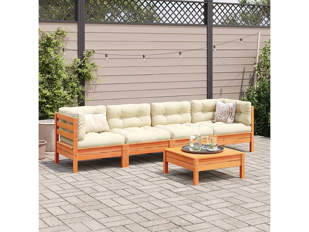 Set Divani Giardino 5pz con Cuscini Marrone Cera Massello Pino