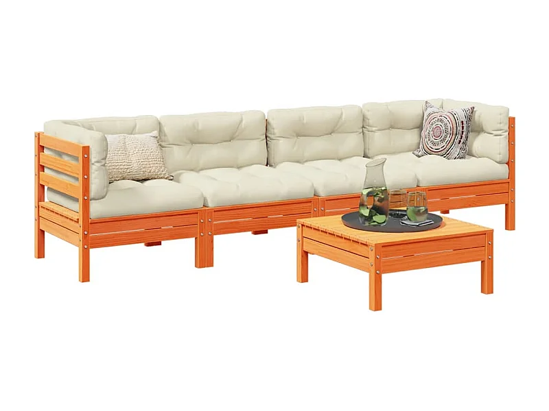 Set Divani Giardino 5pz con Cuscini Marrone Cera Massello Pino