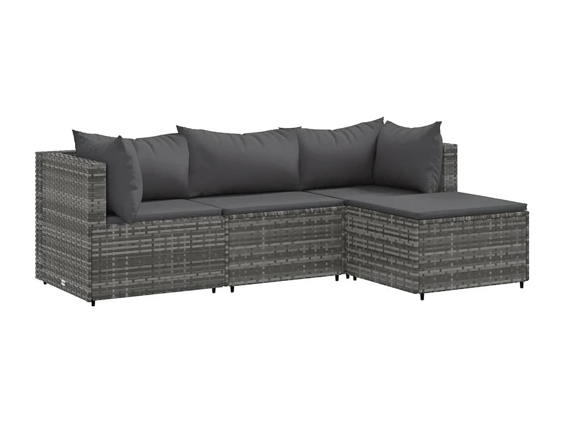 Salon de jardin 4 pcs avec coussins Gris Résine tressée