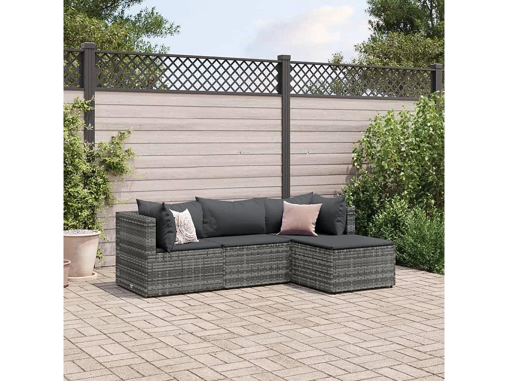 4-tlg. Garten-Lounge-Set mit Kissen Grau Poly Rattan