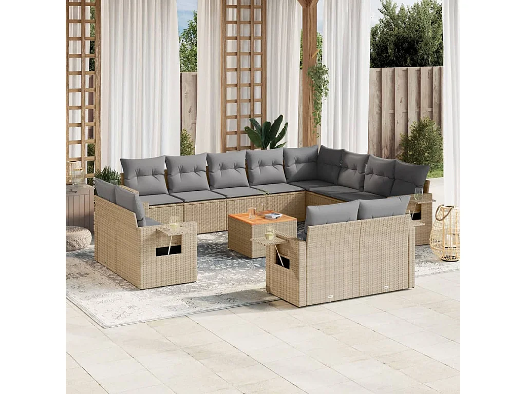Salon de jardin et coussins 13 pcs mélange beige résine tressée