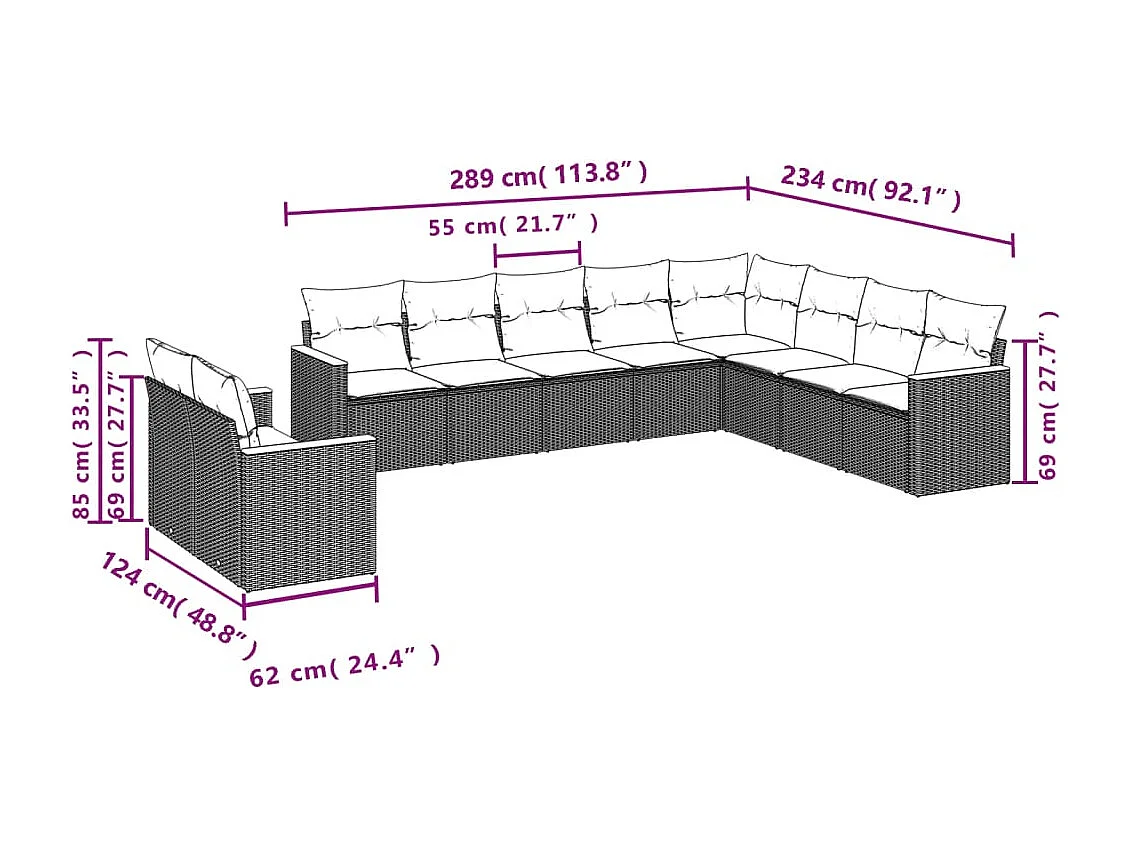 Salon de jardin 10 pcs avec coussins noir résine tressée
