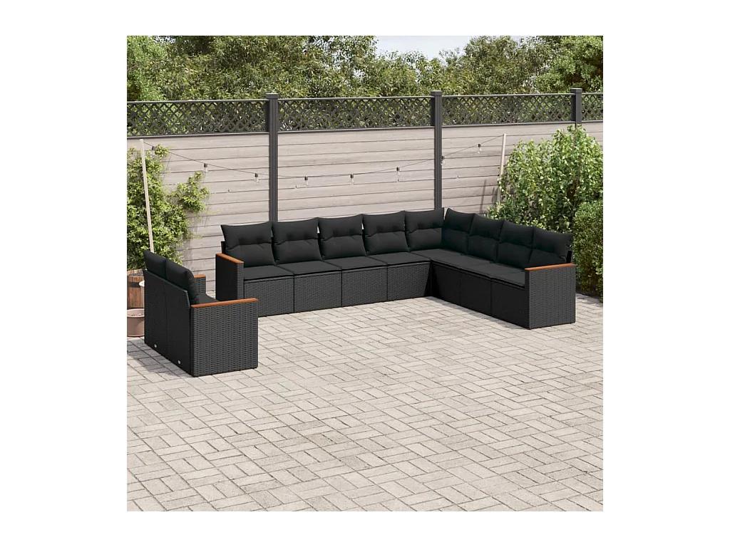 10-delige Loungeset met kussens poly rattan zwart