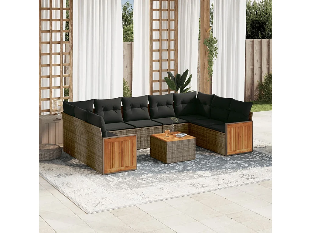 Salon de jardin avec coussins 10 pcs gris résine tressée