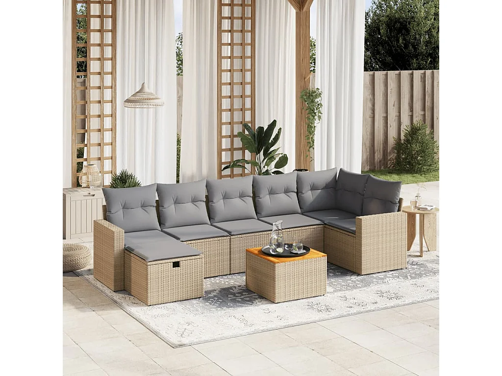 Juego de sofás jardín con cojines beige mezcla 8 pzas ratán PE