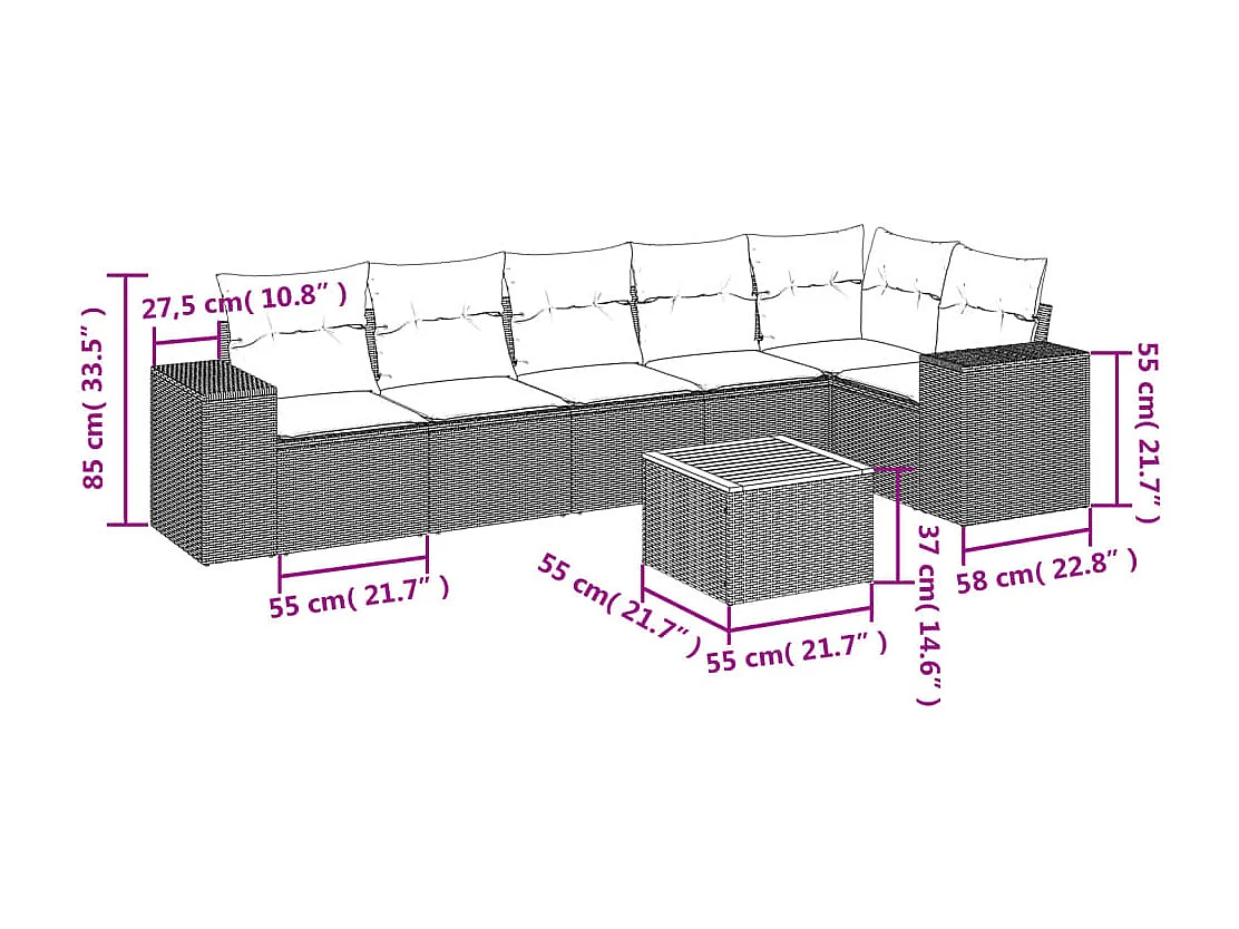 Set de comedor de jardín 7 pzas y cojines ratán sintético negro