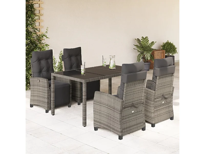 Set da Pranzo da Giardino 5 pz con Cuscini in Polyrattan Grigio