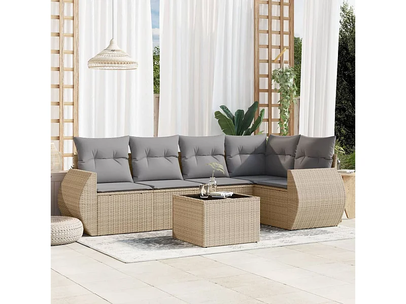Salon de jardin avec coussins 6 pcs beige résine tressée