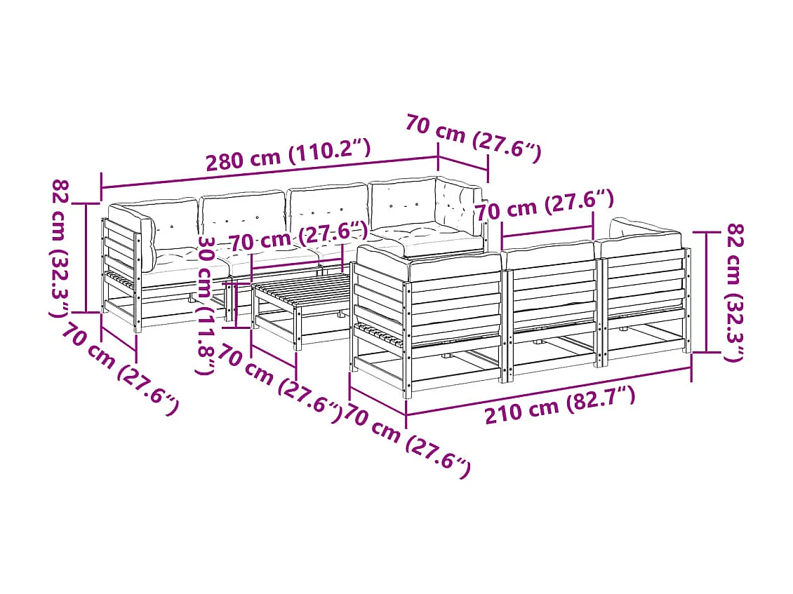 Set Divani Giardino 8 pz con Cuscini Marrone Cera Massello Pino