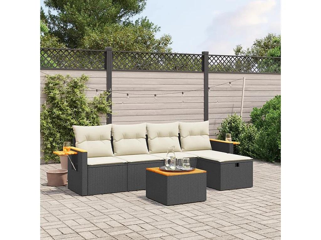 Salon de jardin 6 pcs avec coussins noir résine tressée