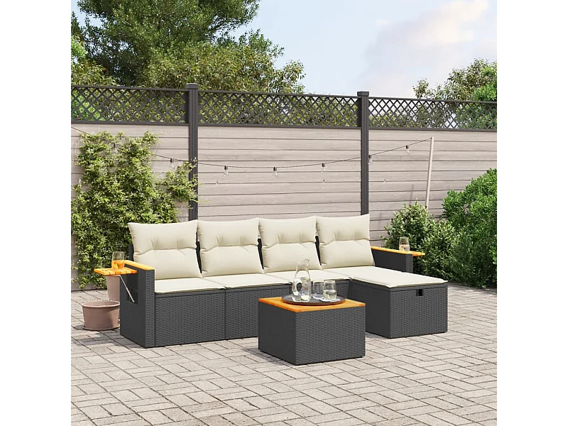 Salon de jardin 6 pcs avec coussins noir résine tressée