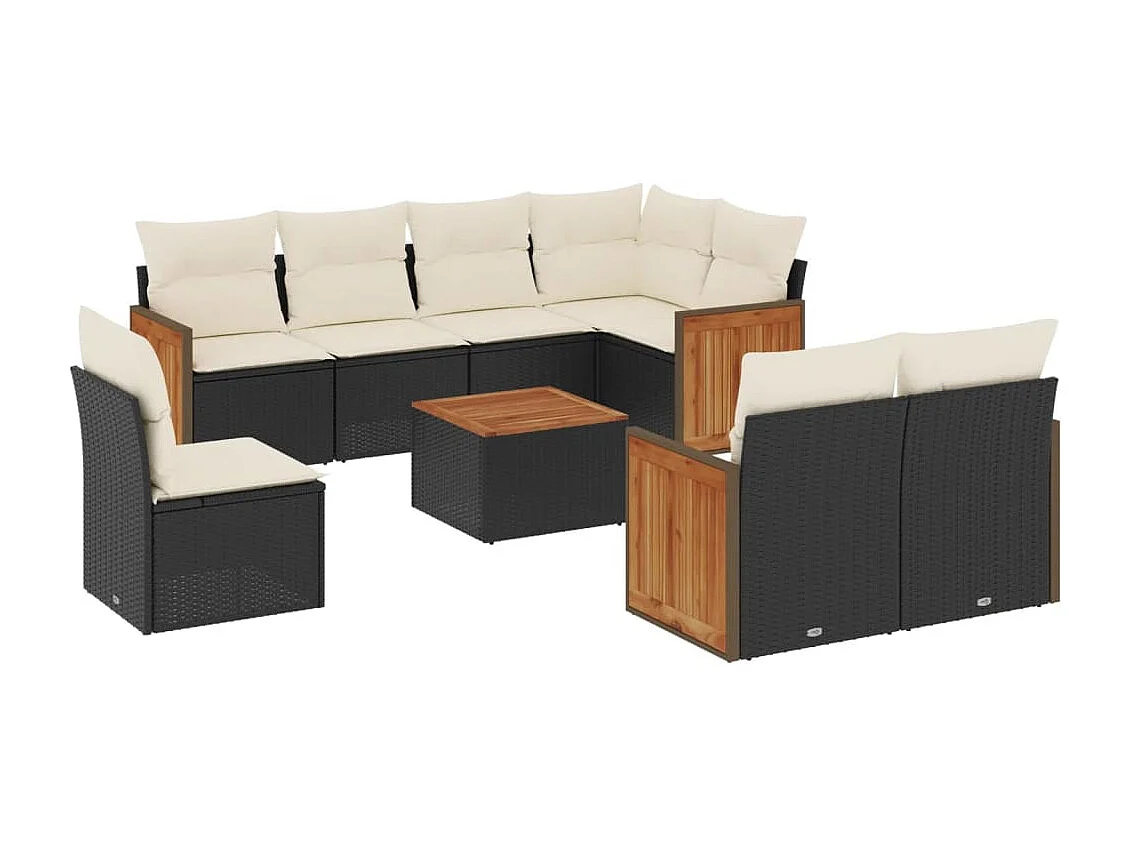 Set Divani da Giardino 9 pz con Cuscini Nero in Polyrattan