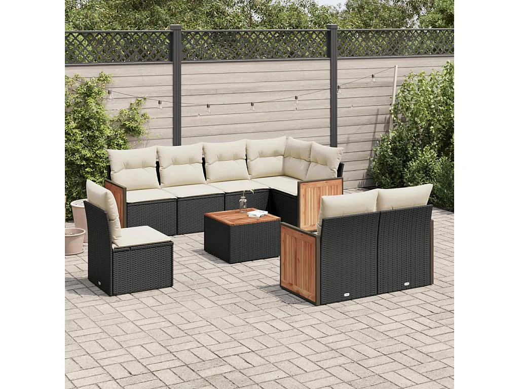 Set Divani da Giardino 9 pz con Cuscini Nero in Polyrattan