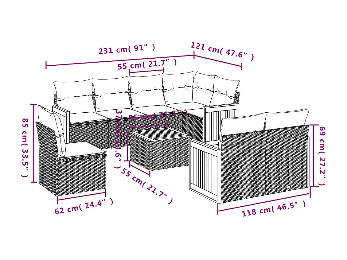 Set Divani da Giardino 9 pz con Cuscini Nero in Polyrattan