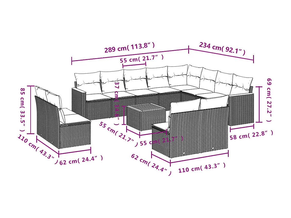 Set Divani da Giardino 13pz con Cuscini Nero in Polyrattan