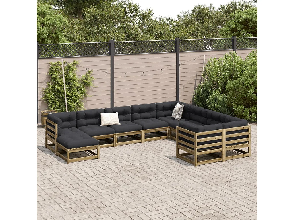 Salon de jardin avec coussins 10 pcs bois de pin imprégné