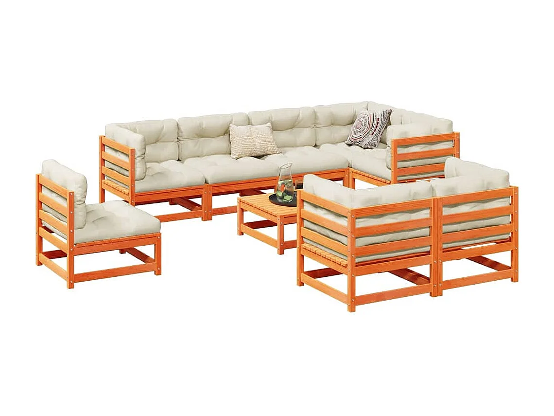 Salon de jardin 9 pcs avec coussins marron cire bois pin massif