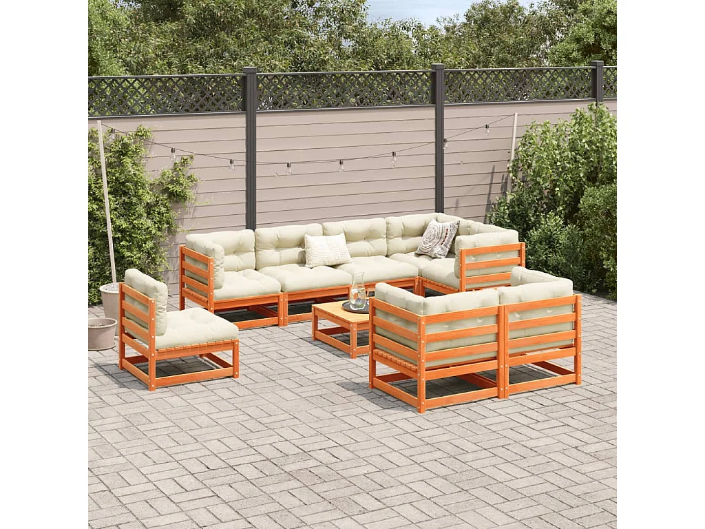 Salon de jardin 9 pcs avec coussins marron cire bois pin massif
