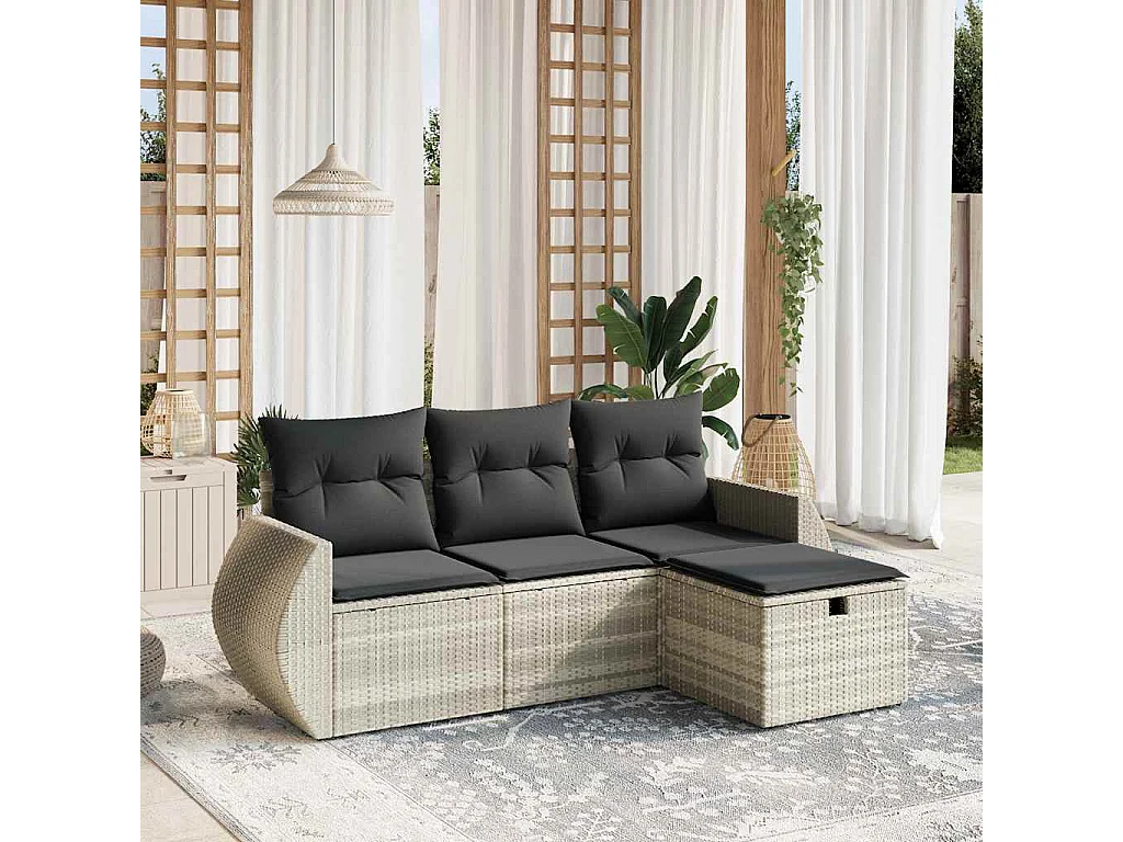 Set Divano da Giardino 4pz con Cuscini Grigio Chiaro Polyrattan