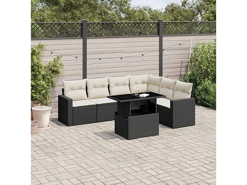 7-tlg. Garten-Sofagarnitur mit Kissen Schwarz Poly Rattan