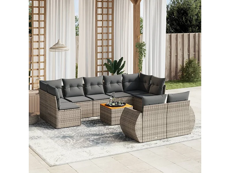 10-tlg. Garten-Sofagarnitur mit Kissen Grau Poly Rattan