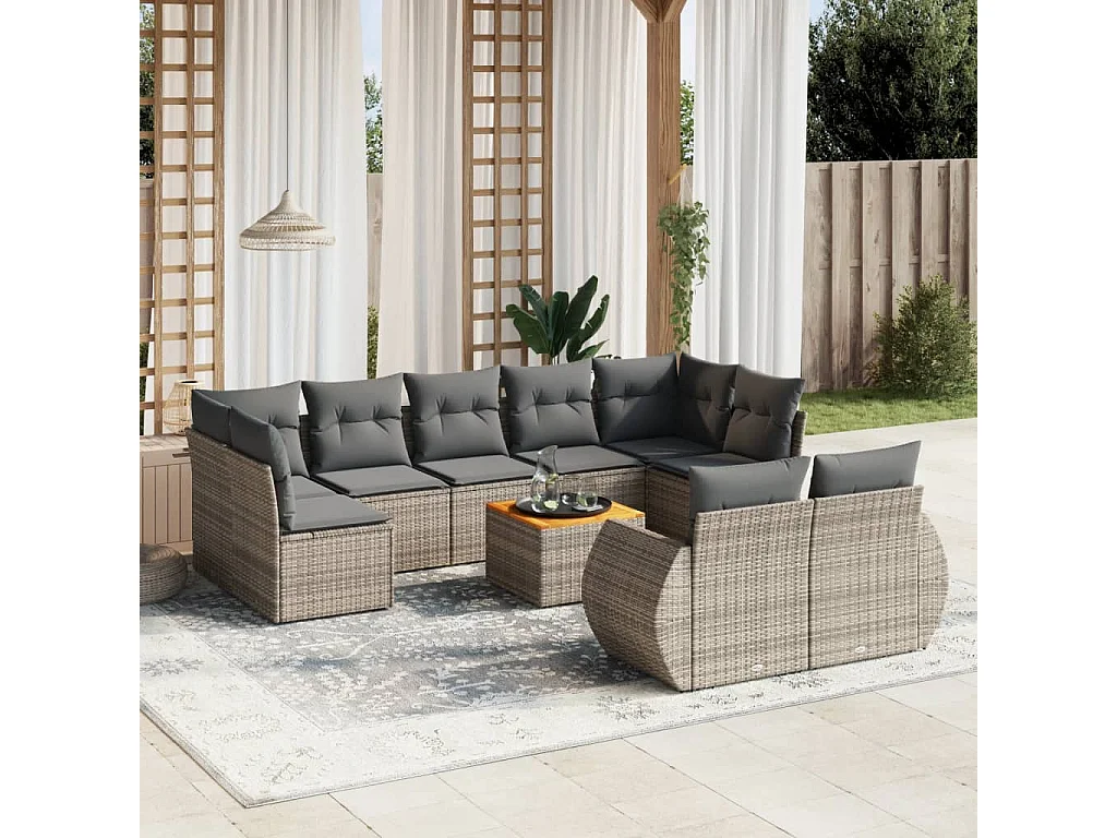 Salon de jardin avec coussins 10 pcs gris résine tressée