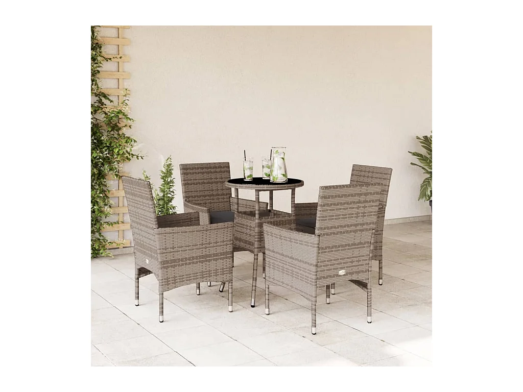 Ensemble à manger de jardin et coussins 5 pcs gris rotin verre