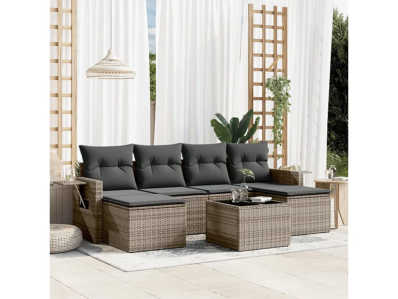 Set Divani da Giardino 7 pz con Cuscini Grigio in Polyrattan