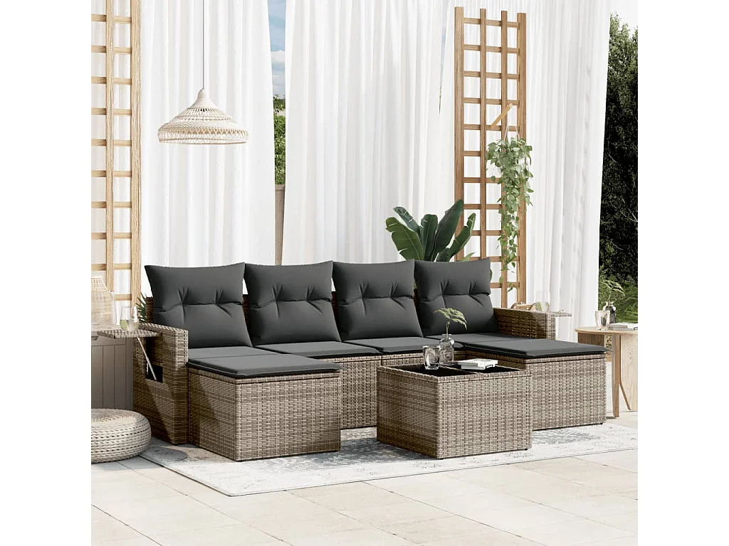 Set Divani da Giardino 7 pz con Cuscini Grigio in Polyrattan