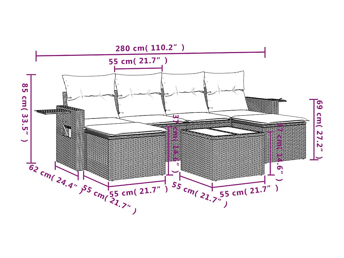 Set Divani da Giardino 7 pz con Cuscini Grigio in Polyrattan