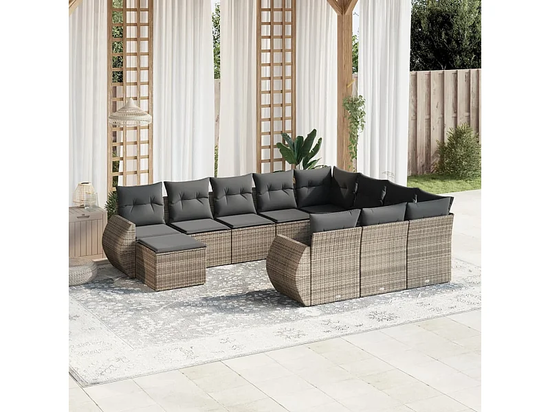 11-tlg. Garten-Sofagarnitur mit Kissen Grau Poly Rattan