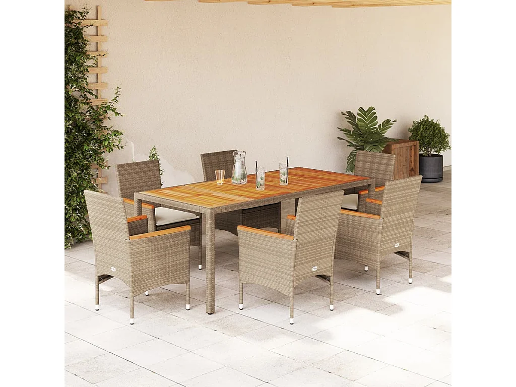 7-tlg. Garten-Essgruppe mit Kissen Beige Poly Rattan Akazie