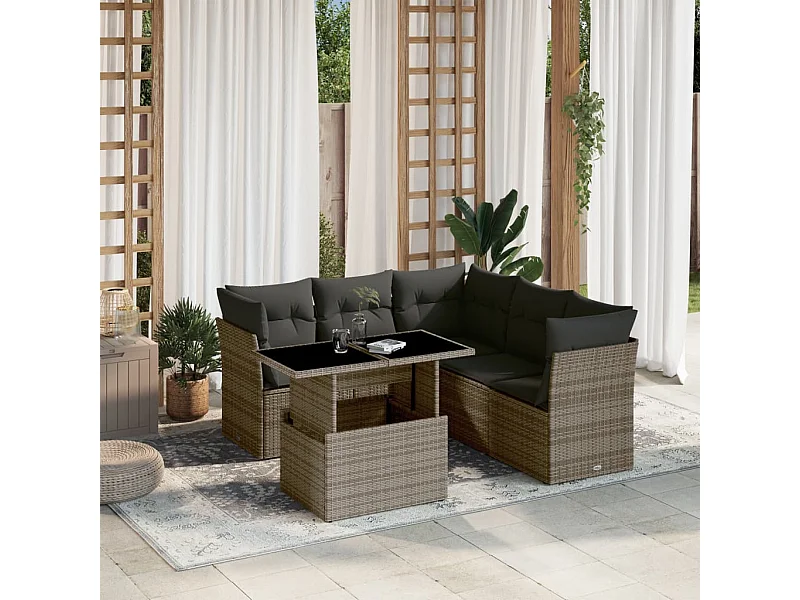 6-tlg. Garten-Sofagarnitur mit Kissen Grau Poly Rattan