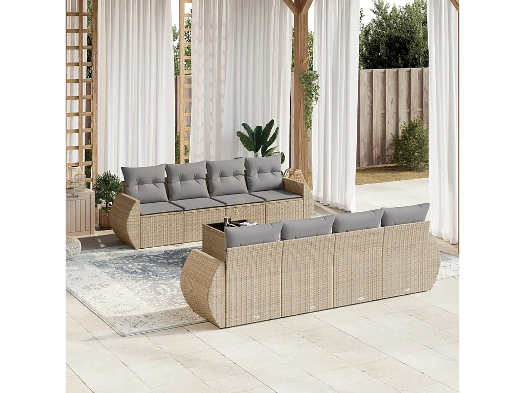 Salon de jardin avec coussins 9 pcs beige résine tressée