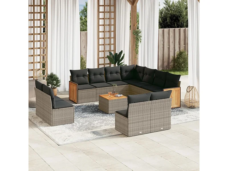 Salon de jardin avec coussins 12 pcs gris résine tressée