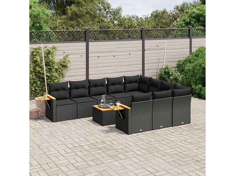 Set Divani da Giardino 11 pz con Cuscini in Polyrattan Nero