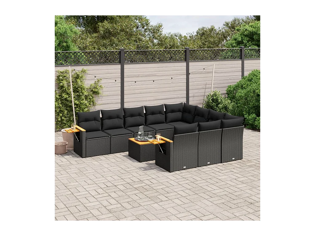 Set de sofás de jardín 11 pzas y cojines ratán sintético negro