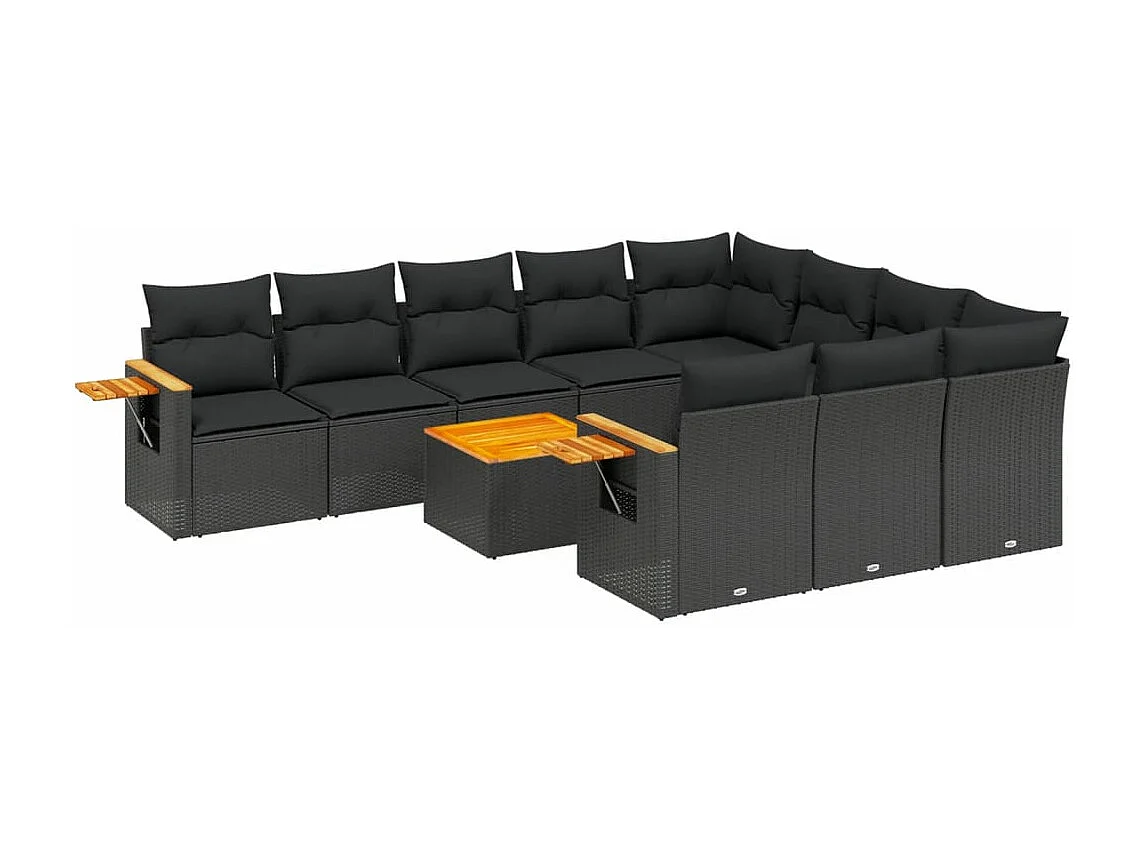11-tlg. Garten-Sofagarnitur mit Kissen Schwarz Poly Rattan