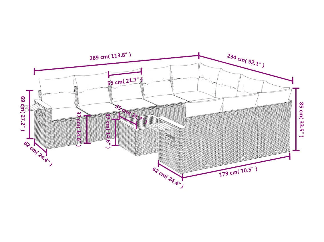 11-tlg. Garten-Sofagarnitur mit Kissen Schwarz Poly Rattan