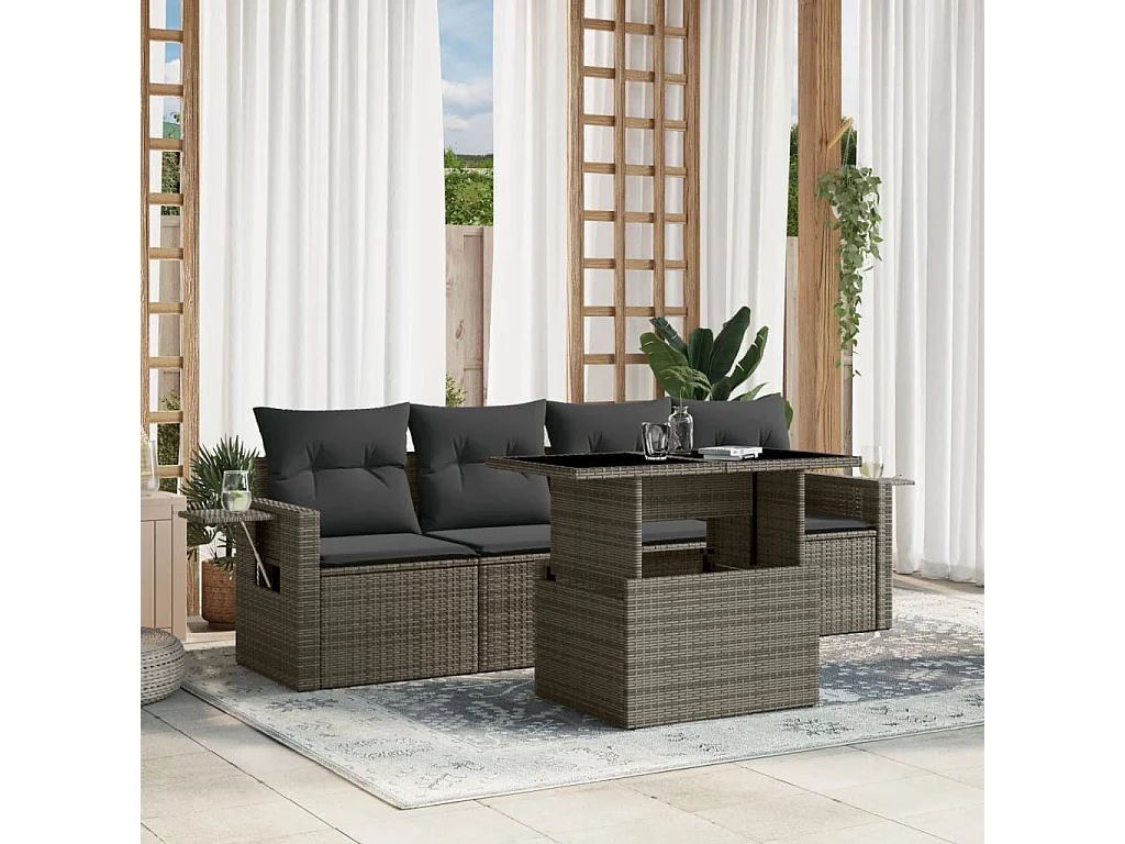 Set Divano da Giardino 5 pz con Cuscini Grigio in Polyrattan