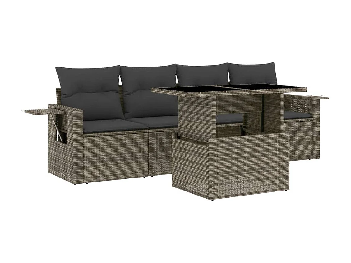 Set Divano da Giardino 5 pz con Cuscini Grigio in Polyrattan