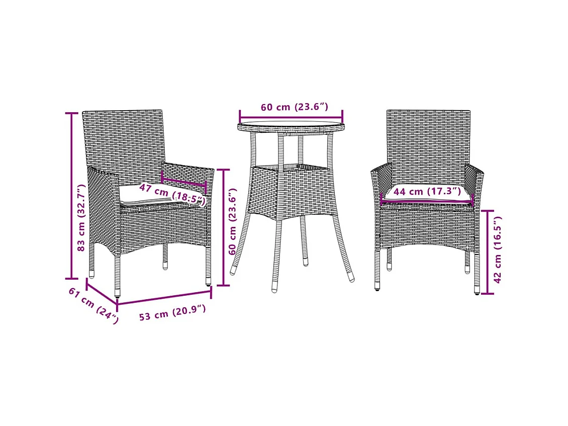 Set da Pranzo da Giardino 3 pz con Cuscini Polyrattan e Vetro