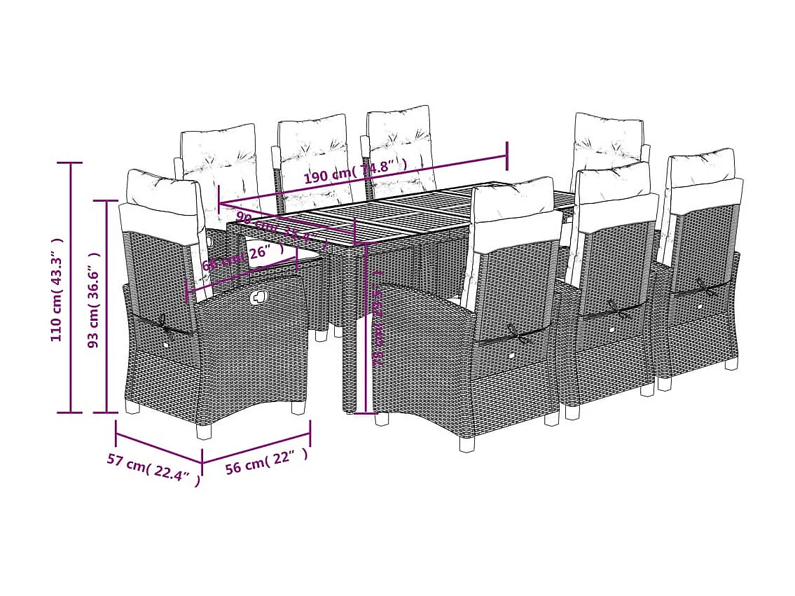 Set comedor jardín 9 pzas y cojines ratán sintético gris