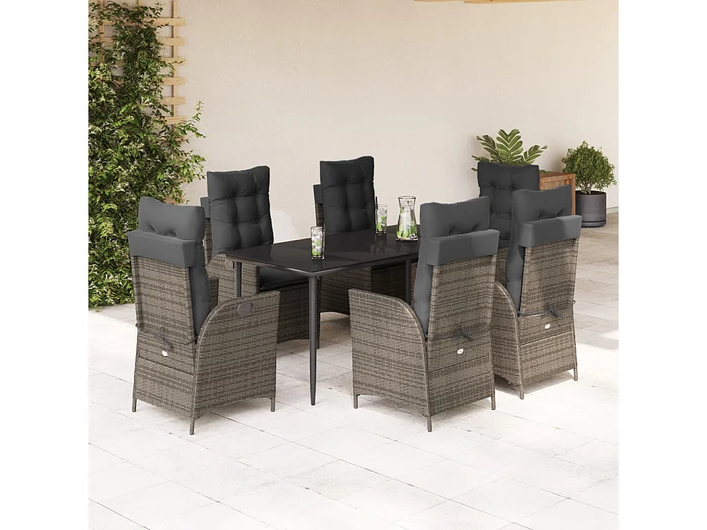 Set da Pranzo da Giardino 7 pz con Cuscini in Polyrattan Grigio