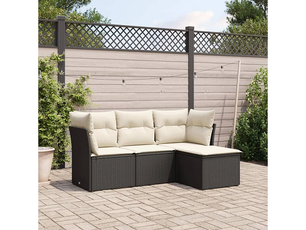 Salon de jardin 4 pcs avec coussins noir résine tressée